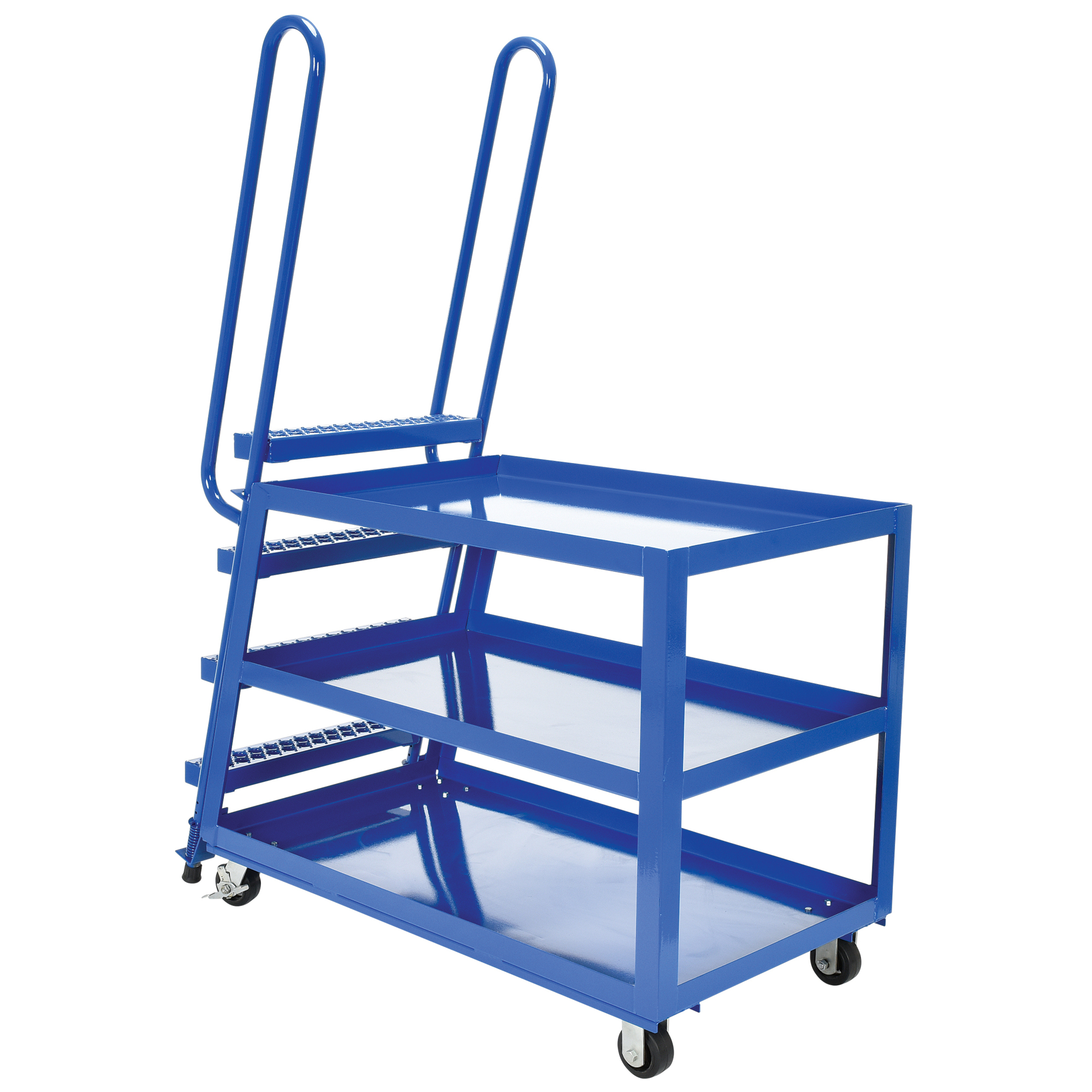 Vestil High-Duty Stock Picker Truck - 1000-Lb. Capacity, Mold-On-Rubber Casters, 3 Shelves, Spring-Loaded Ladder, Model# SPS-HD-2852